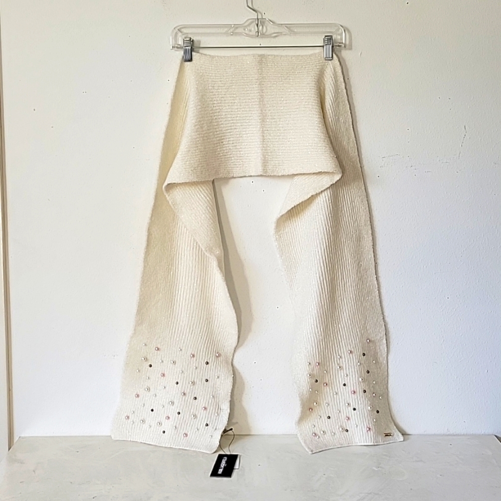 NWT karl lagerfeld paris cream sparkle knit scarf with cream, pink, bronw Pearls